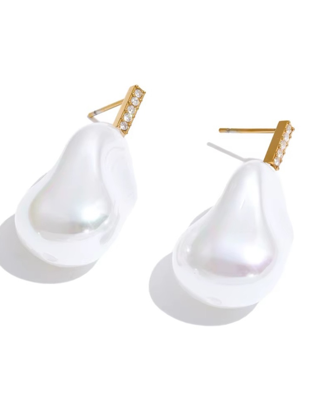 Gold Bar White Pearl Drop Earrings